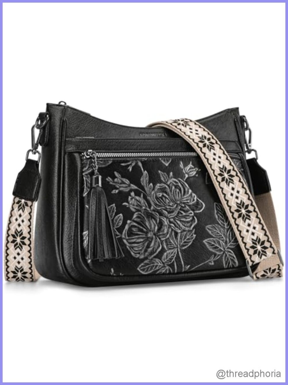 Medium Vegan Leather Crossbody Bag Purse with Floral Embossing, Boho Strap